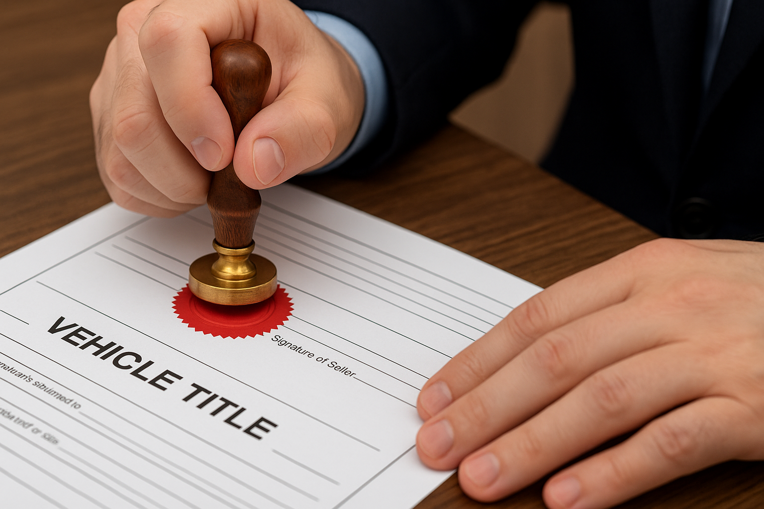 A notary public applying a stamp to a Vehicle Bill of Sale