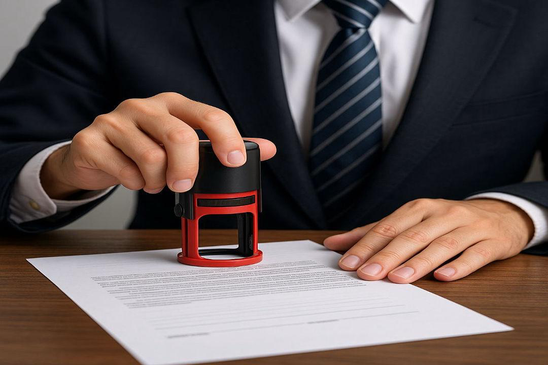 A notary public stamping a child travel consent form